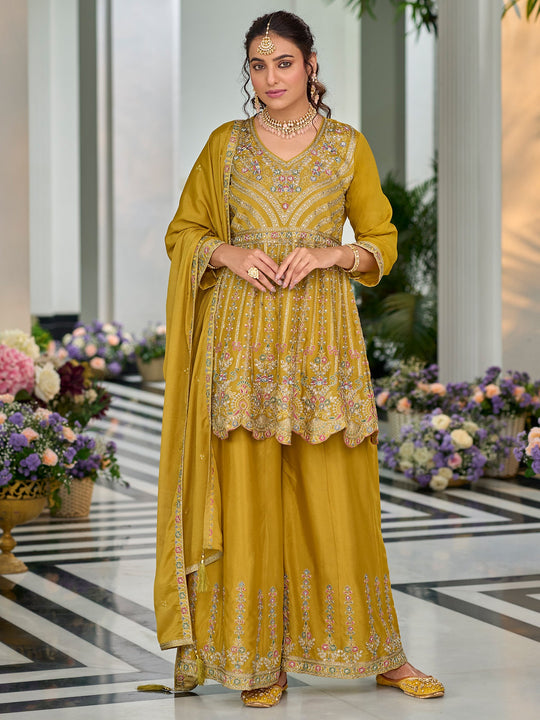 Indo Era Mustard Embroidered A-Line Kurta Palazzos With Dupatta Set