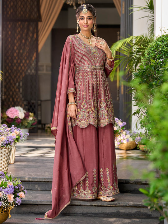 Indo Era Mauve Embroidered A-Line Kurta Palazzos With Dupatta Set