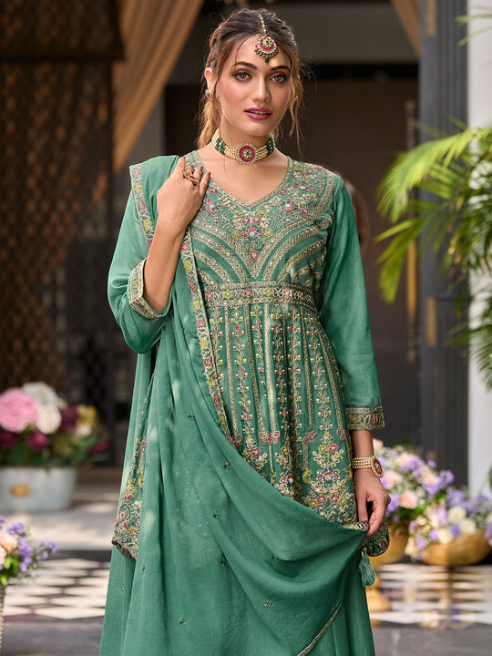Indo Era Teal Embroidered A-Line Kurta Palazzos With Dupatta Set