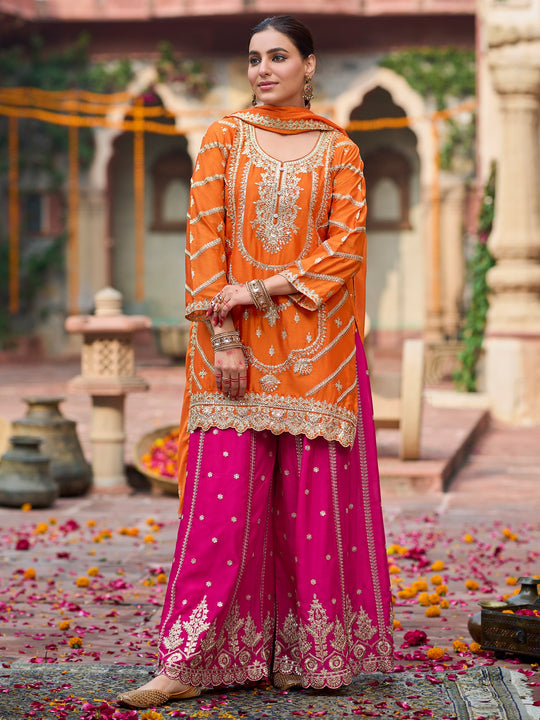 Indo Era Orange Embroidered Straight Kurta Palazzos With Dupatta Set