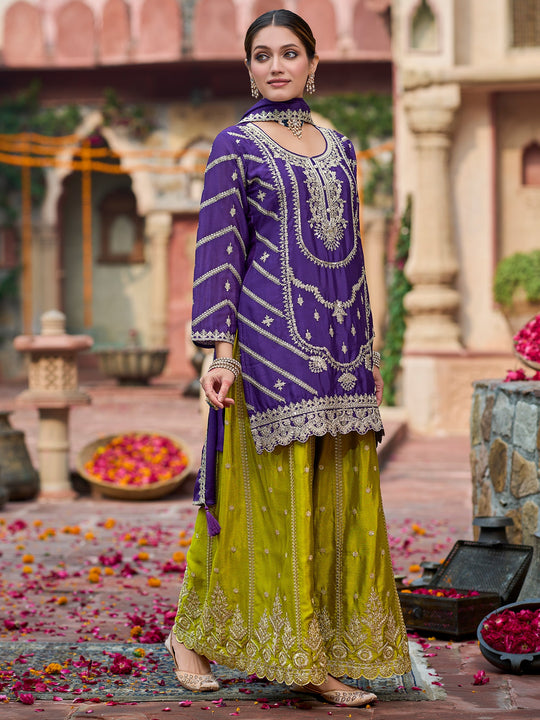 Indo Era Purple Embroidered Straight Kurta Palazzos With Dupatta Set