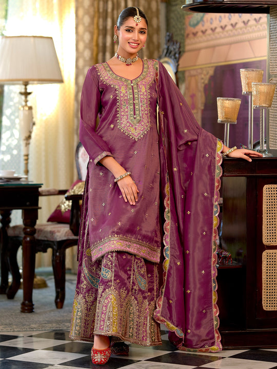 Indo Era Mauve Embroidered Straight Kurta Palazzos With Dupatta Set