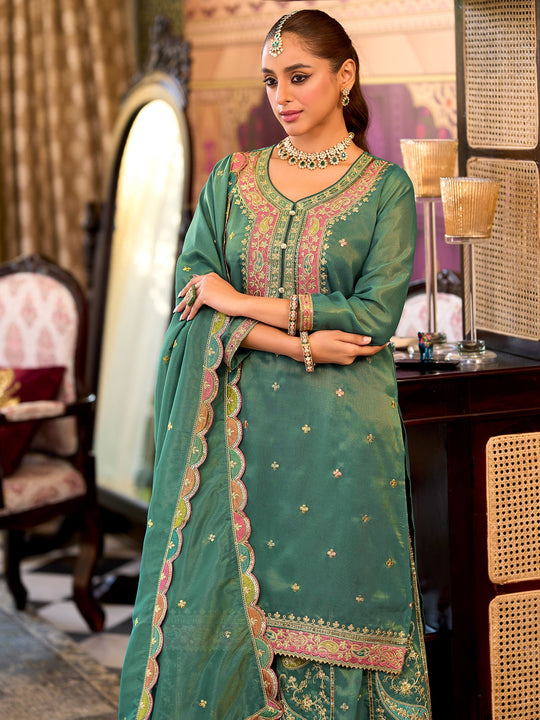 Teal Embroidered Straight Kurta Palazzo With Dupatta