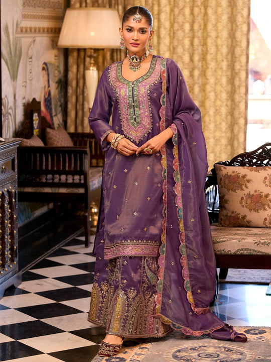 Purple Embroidered Straight Kurta Palazzo With Dupatta
