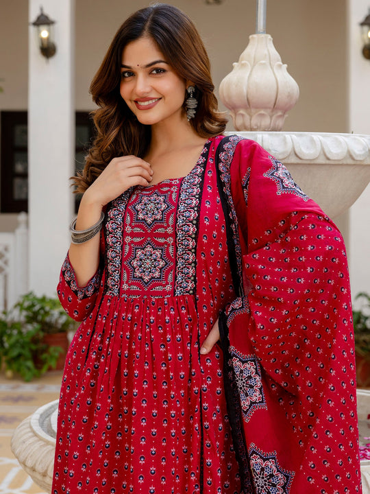 Maroon Printed Straight Pure Cotton Suit Set With Dupatta