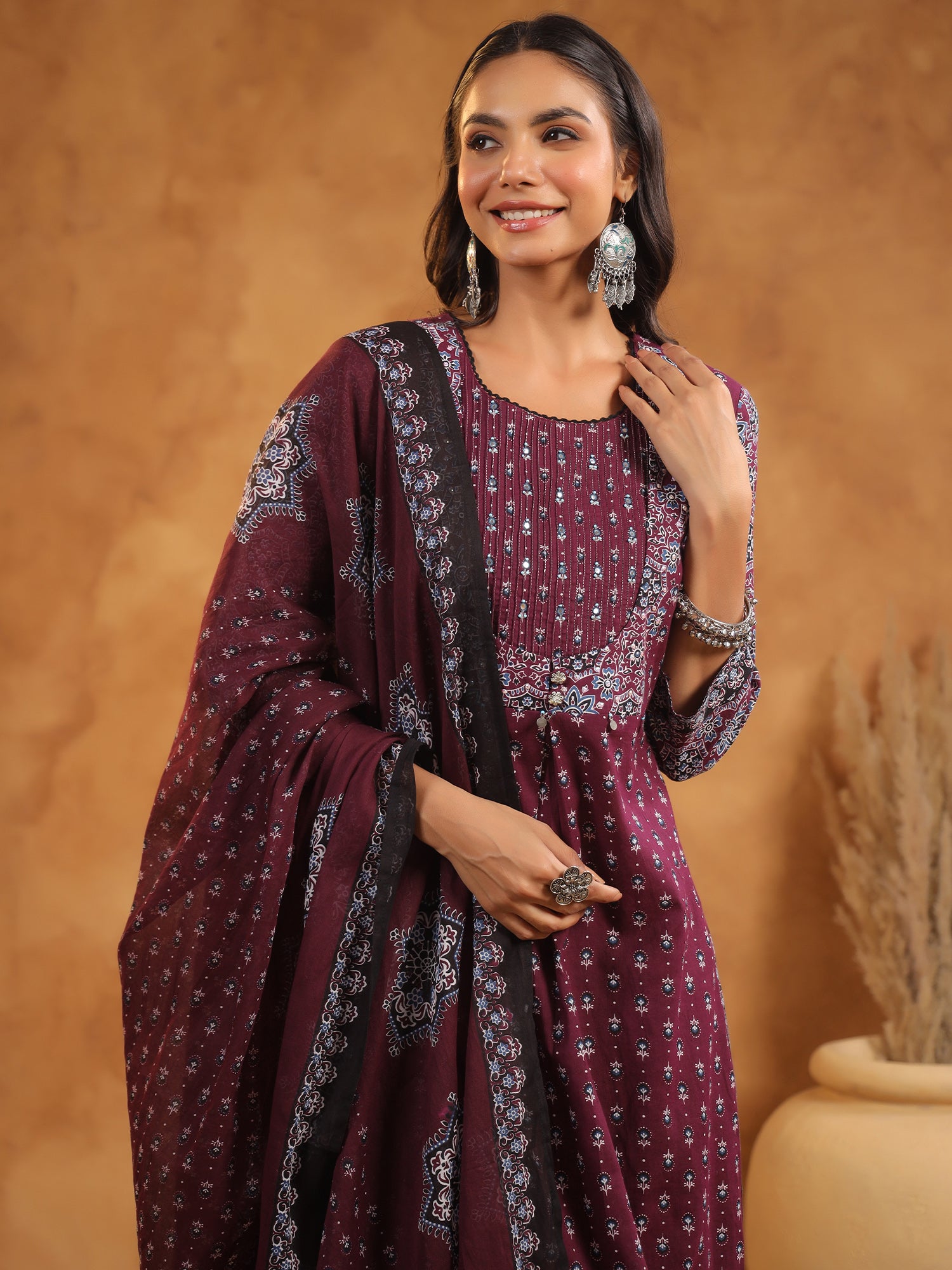 Maroon Printed Straight Pure Cotton Suit Set With Dupatta