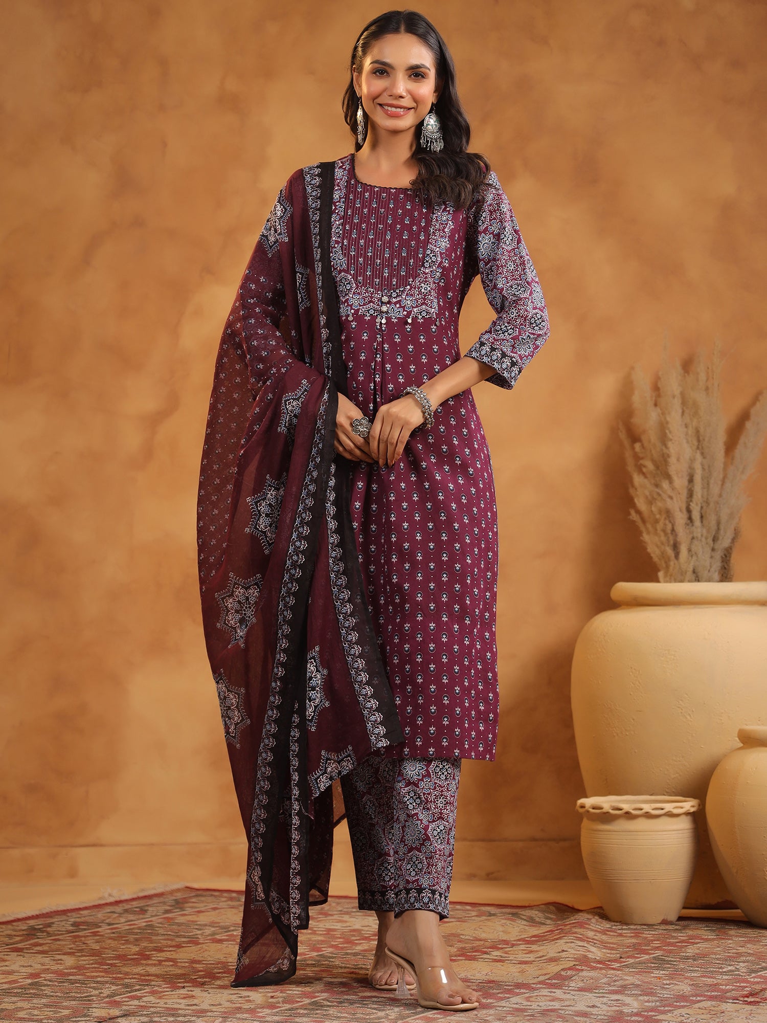 Maroon Printed Straight Pure Cotton Suit Set With Dupatta