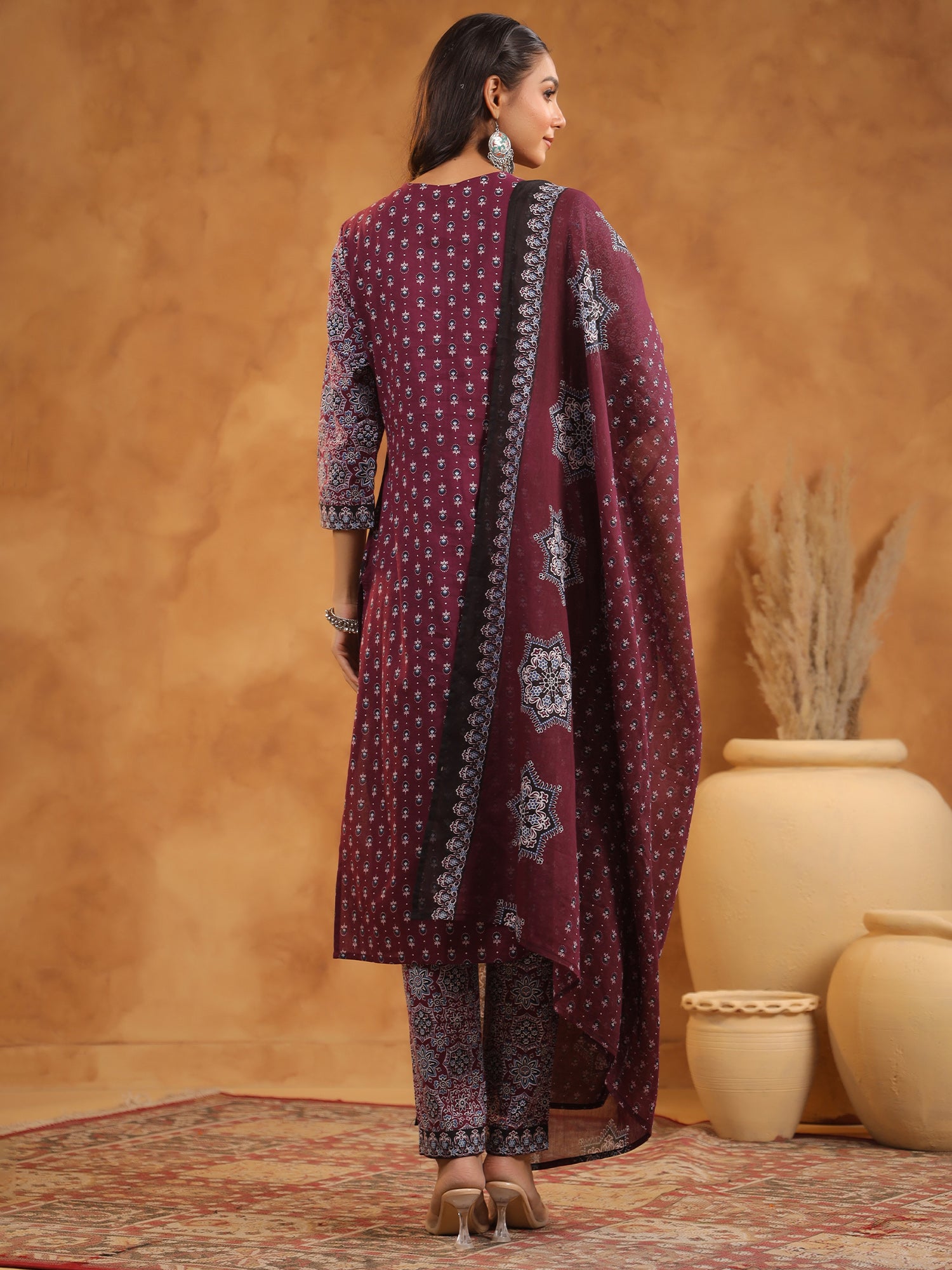 Maroon Printed Straight Pure Cotton Suit Set With Dupatta