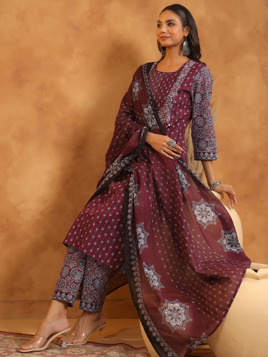 Maroon Printed Straight Pure Cotton Suit Set With Dupatta
