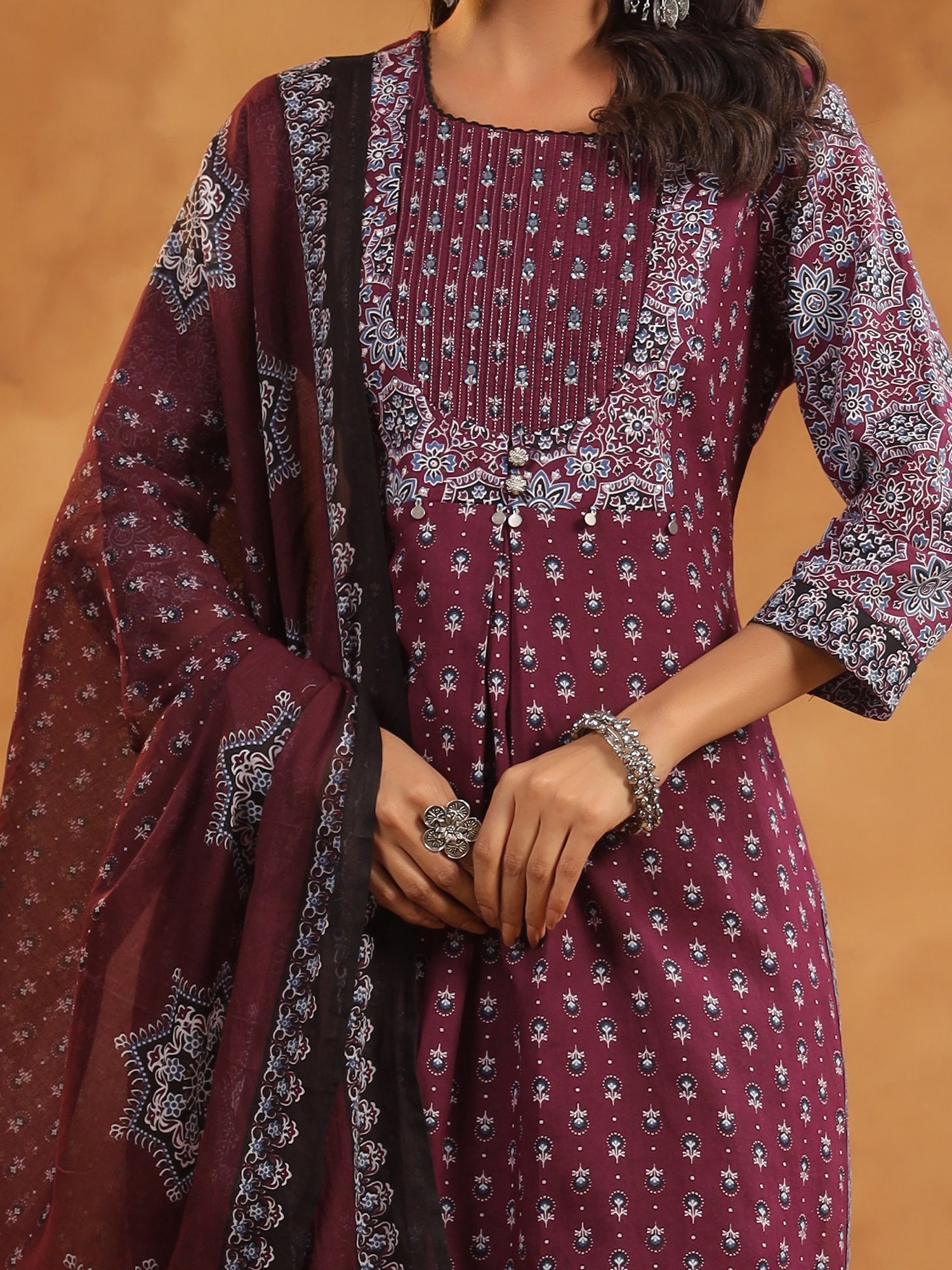 Maroon Printed Straight Pure Cotton Suit Set With Dupatta