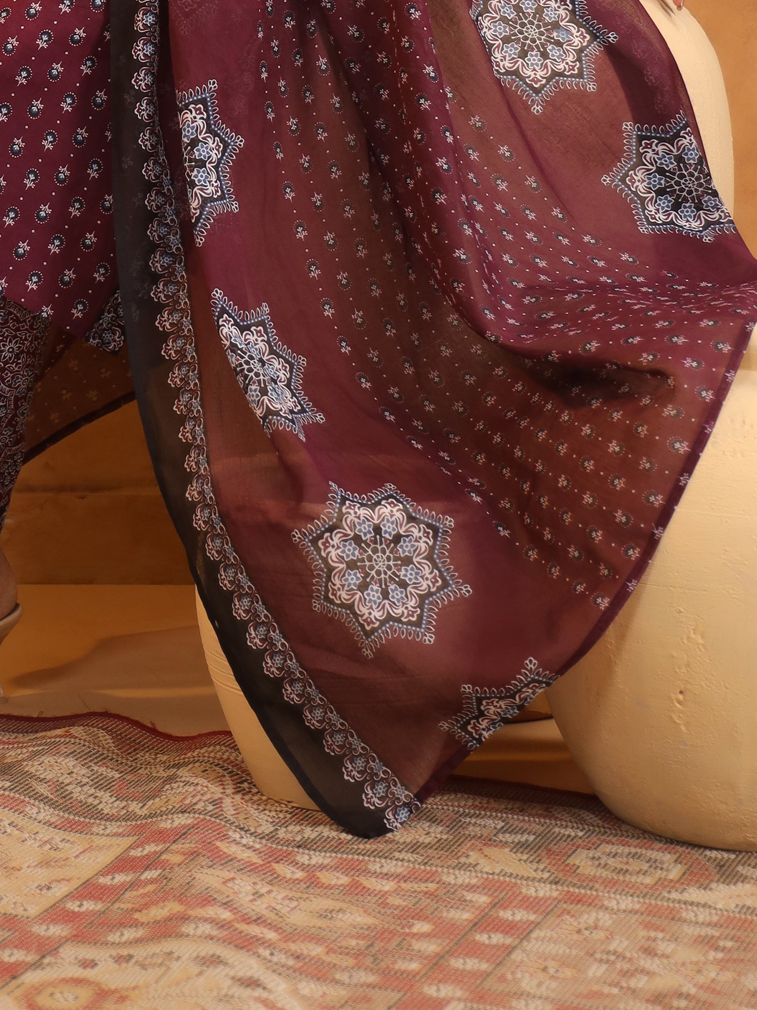 Maroon Printed Straight Pure Cotton Suit Set With Dupatta