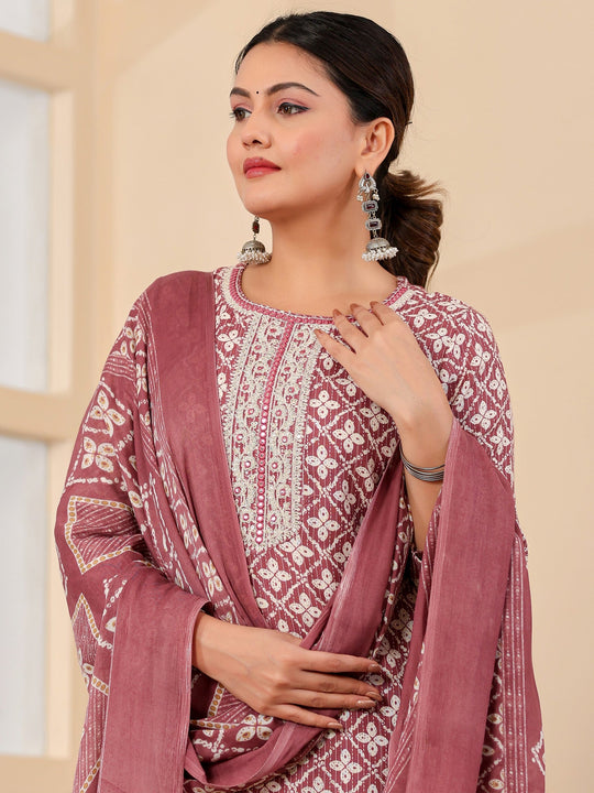 Mauve Printed Straight Pure Cotton Suit Set With Dupatta