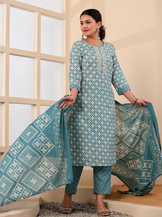 Blue Printed Straight Pure Cotton Suit Set With Dupatta