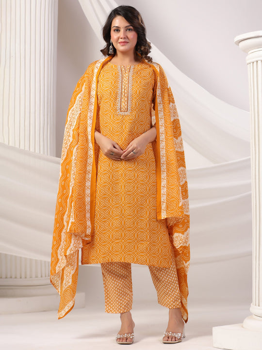 Mustard Printed Straight Pure Cotton Suit Set With Dupatta
