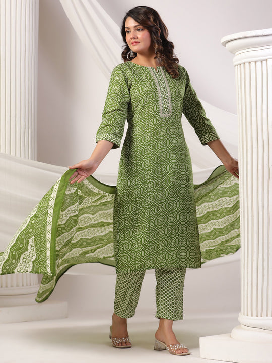 Green Printed Straight Pure Cotton Suit Set With Dupatta