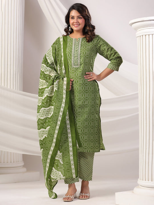 Green Printed Straight Pure Cotton Suit Set With Dupatta