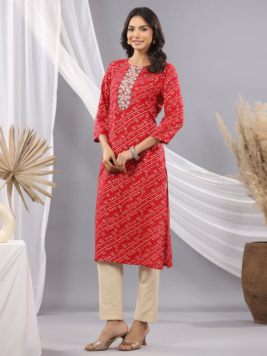 Red Printed Straight Viscose Rayon kurta