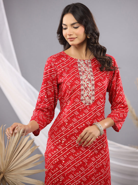 Red Printed Straight Viscose Rayon kurta