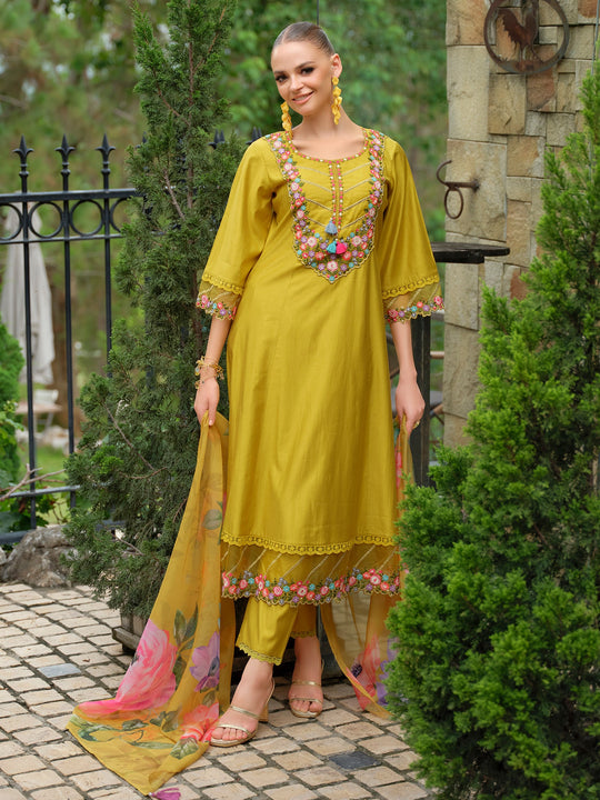 Yellow Embroidered Liva A-Line Kurta Sets With Dupatta