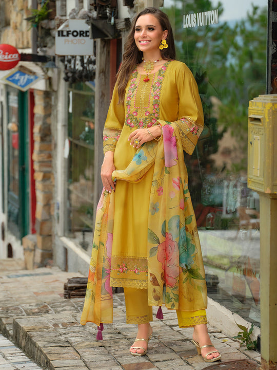 Yellow Embroidered Silk Blend A-Line Kurta Sets With Dupatta