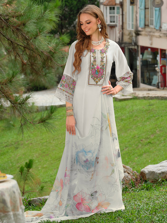 White Embroidered Liva A-Line Kurta Sets With Dupatta