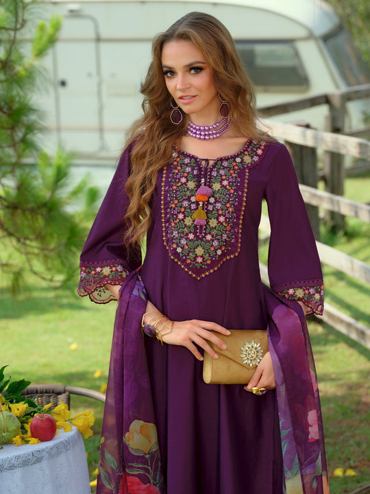 Purple Embroidered Liva A-Line Kurta Sets With Dupatta
