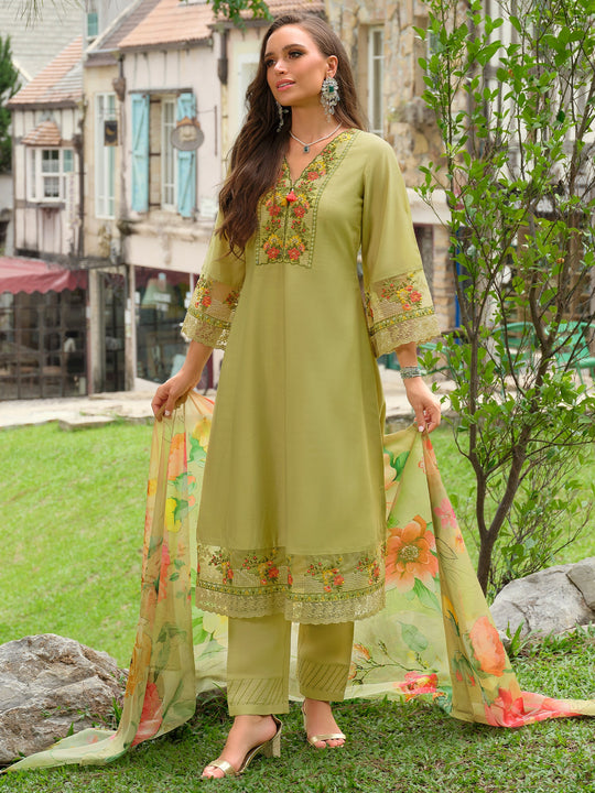 Green Embroidered Pure Cotton A-Line Kurta Sets With Dupatta