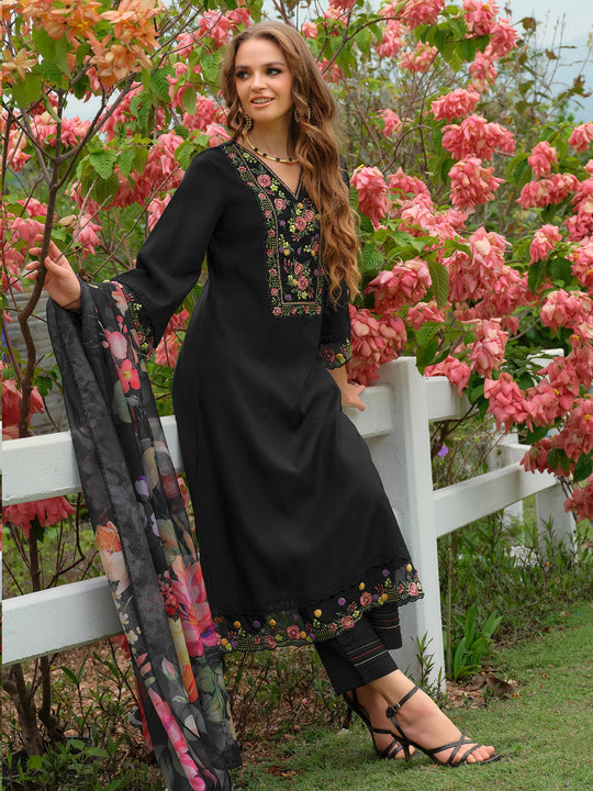 Black Embroidered Liva A-Line Kurta Sets With Dupatta