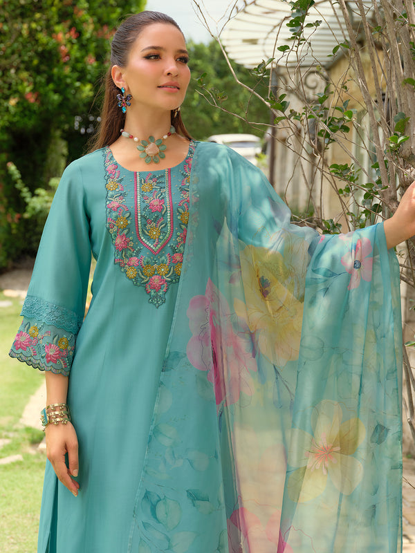 Blue Embroidered Cotton Blend A-Line Kurta Sets With Dupatta