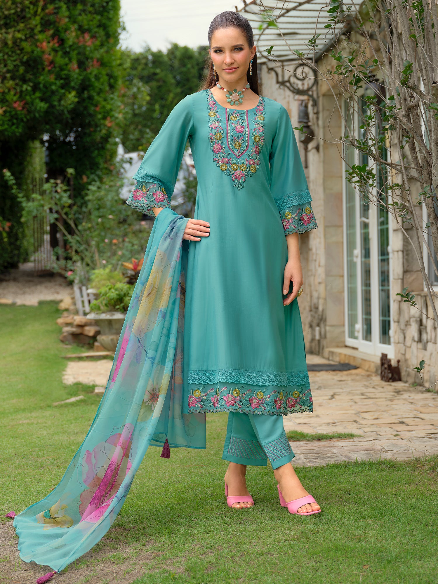 Blue Embroidered Cotton Blend A-Line Kurta Sets With Dupatta