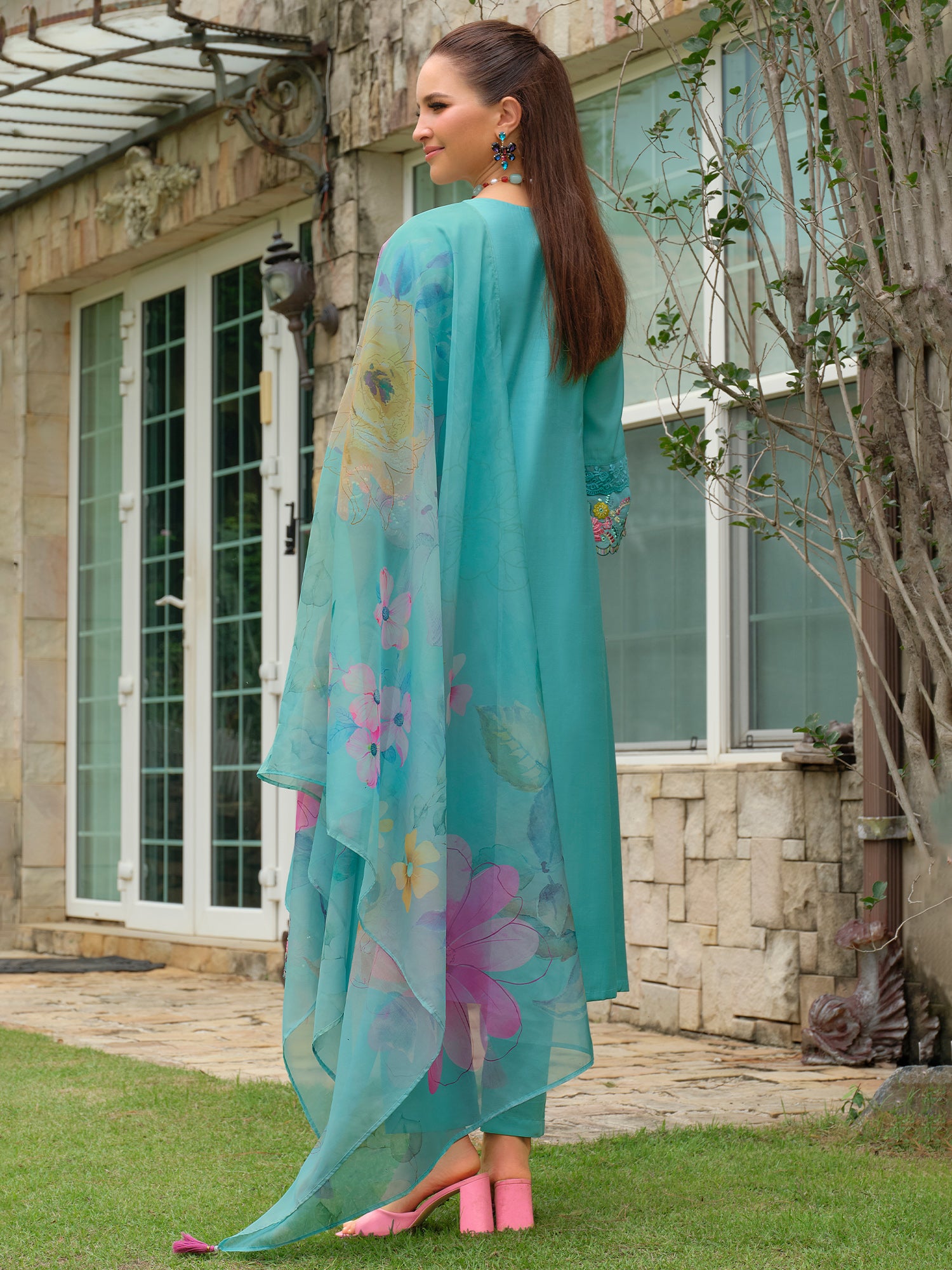 Blue Embroidered Cotton Blend A-Line Kurta Sets With Dupatta