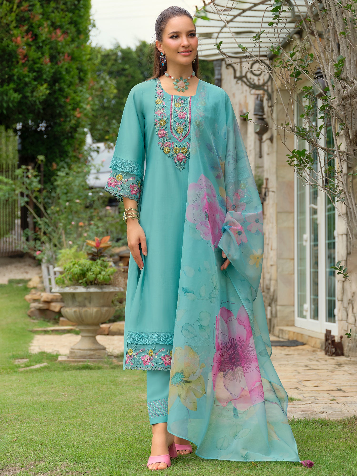 Blue Embroidered Cotton Blend A-Line Kurta Sets With Dupatta