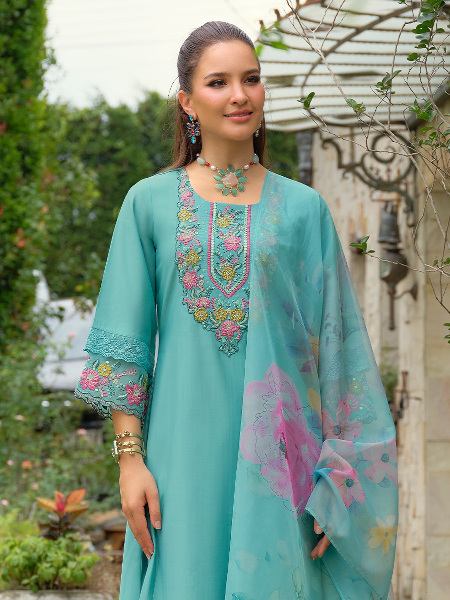 Blue Embroidered Cotton Blend A-Line Kurta Sets With Dupatta