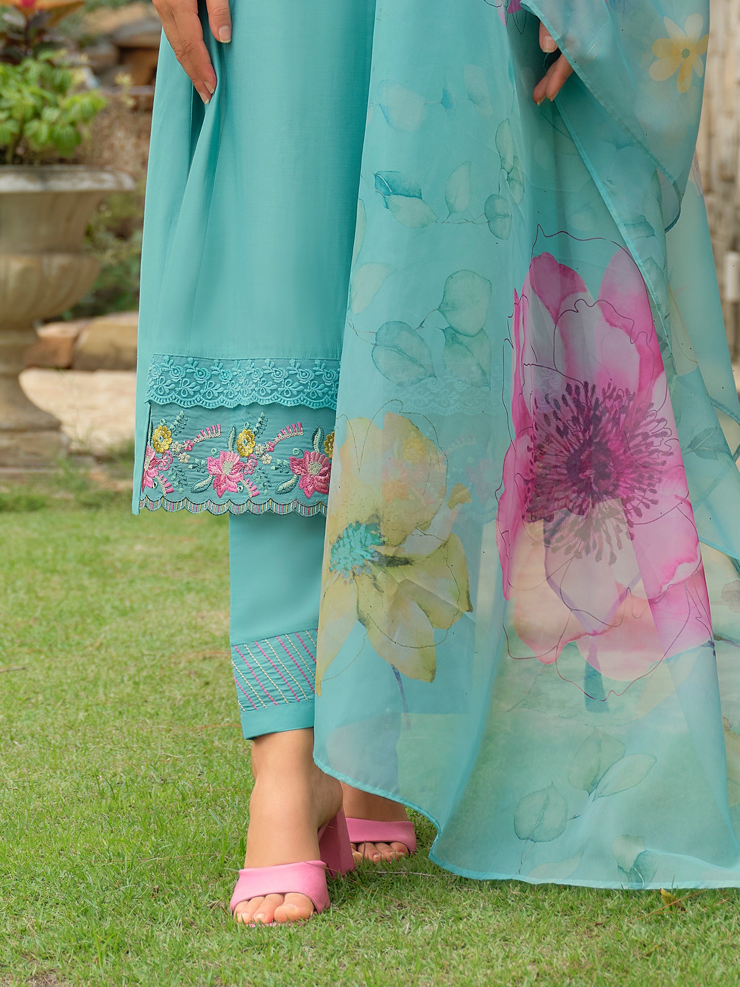 Blue Embroidered Cotton Blend A-Line Kurta Sets With Dupatta