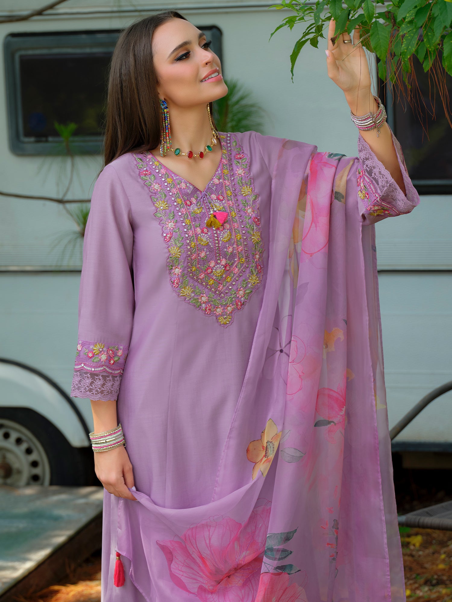 Purple Embroidered Cotton Blend A-Line Kurta Sets With Dupatta