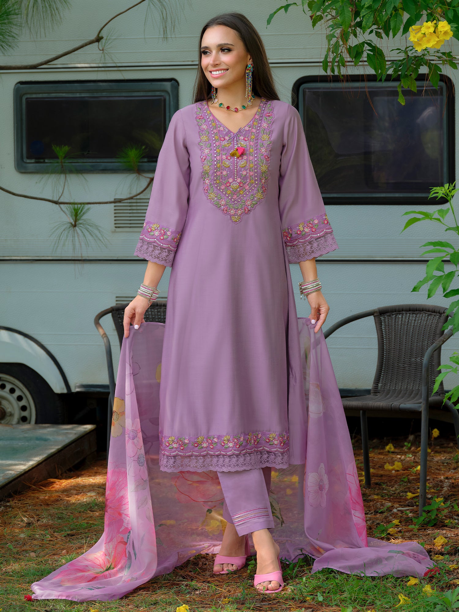 Purple Embroidered Cotton Blend A-Line Kurta Sets With Dupatta