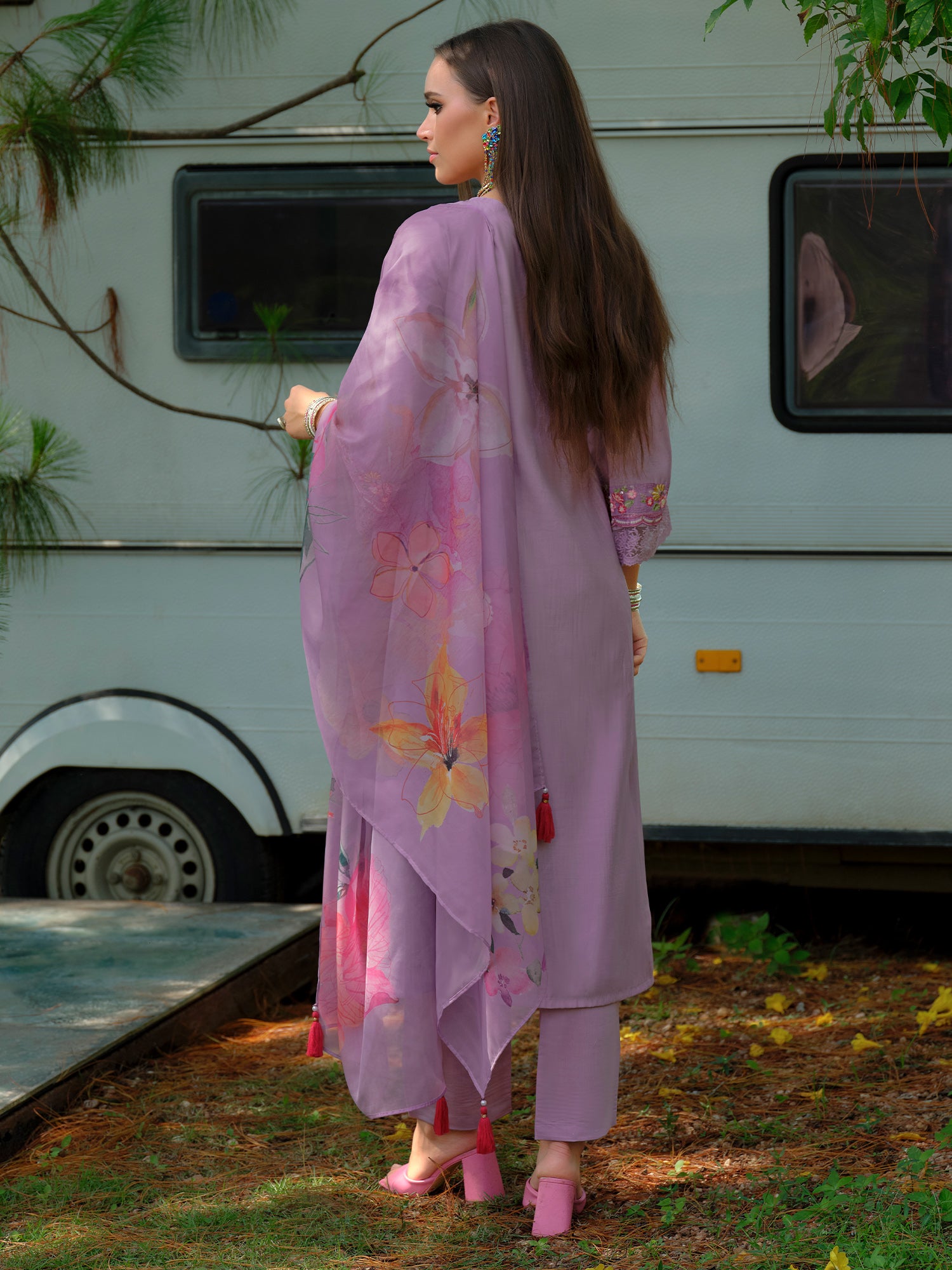 Purple Embroidered Cotton Blend A-Line Kurta Sets With Dupatta