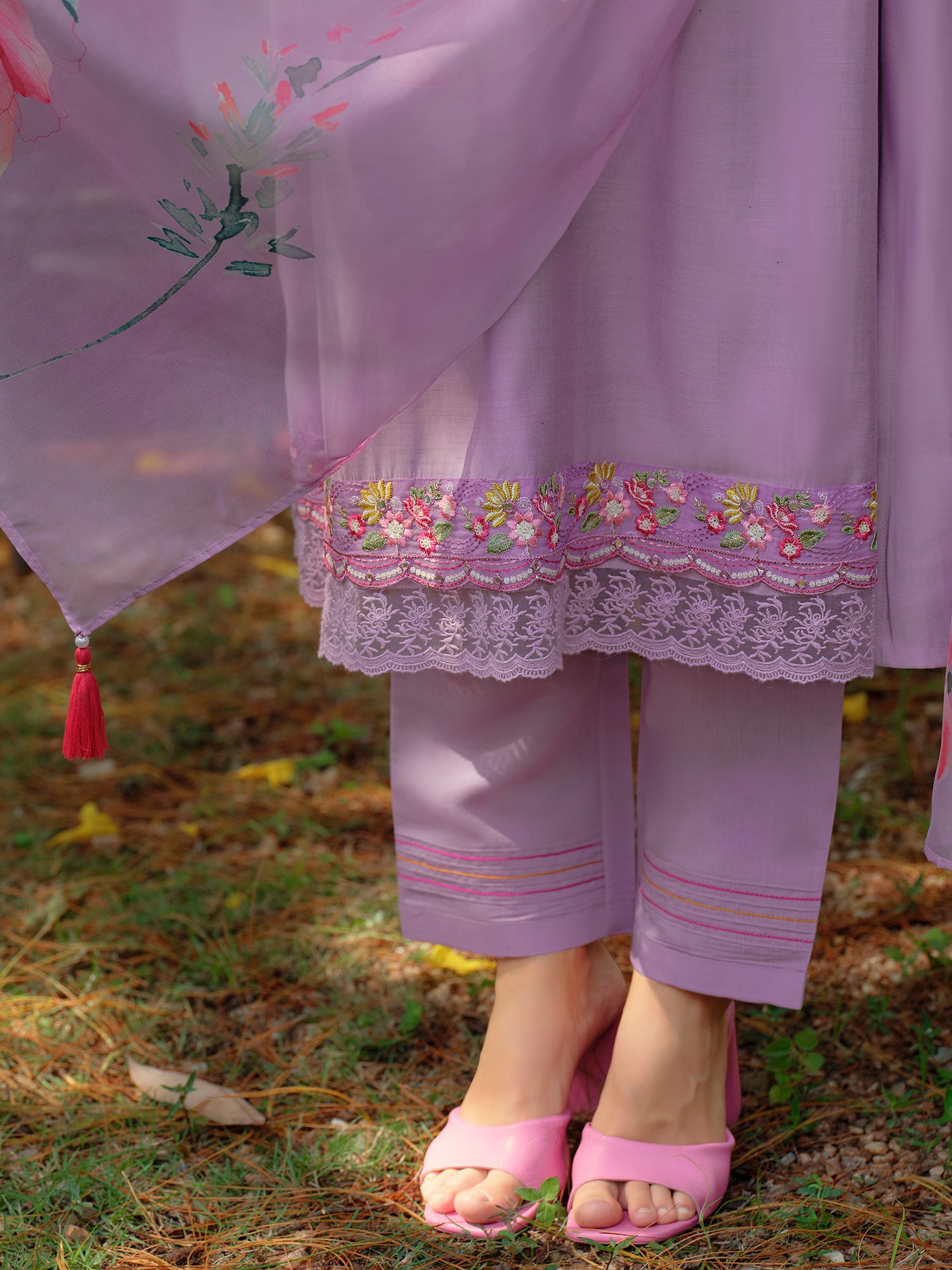 Purple Embroidered Cotton Blend A-Line Kurta Sets With Dupatta