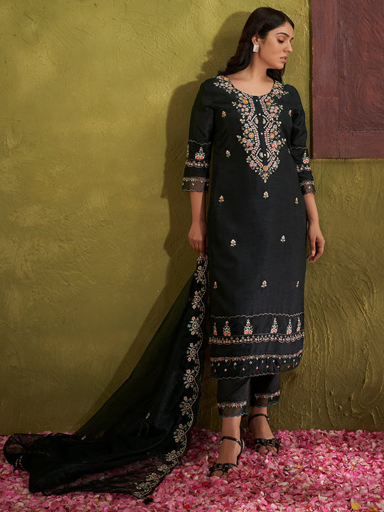 Black Embroidered Silk Blend Straight Kurta Set With Dupatta