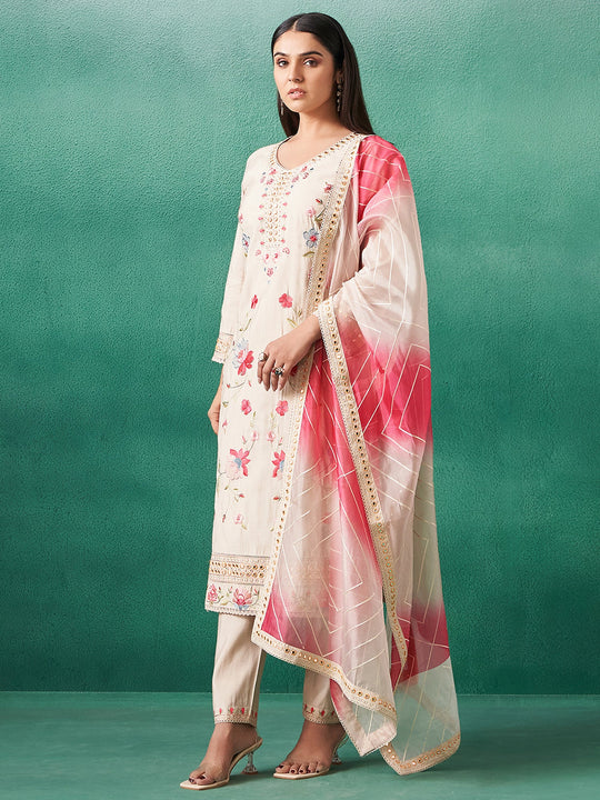 Cream Embroidered Silk Blend Straight Kurta Set With Dupatta