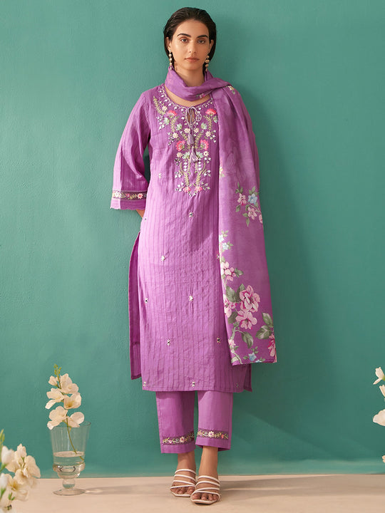 Purple Embroidered Pure Cotton Straight Kurta Set With Dupatta