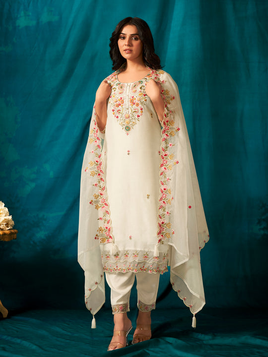 Women White Embroidered Silk Blend Straight Kurta Trouser With Dupatta