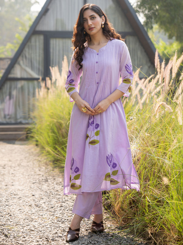 Lavender Printed A Line Kurta Trouser set