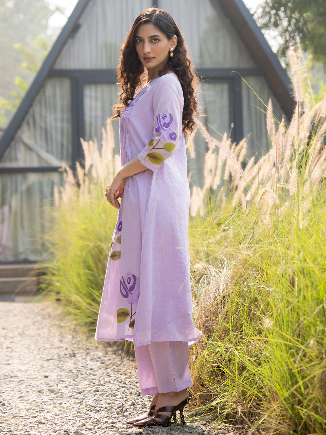 Lavender Printed A Line Kurta Trouser set