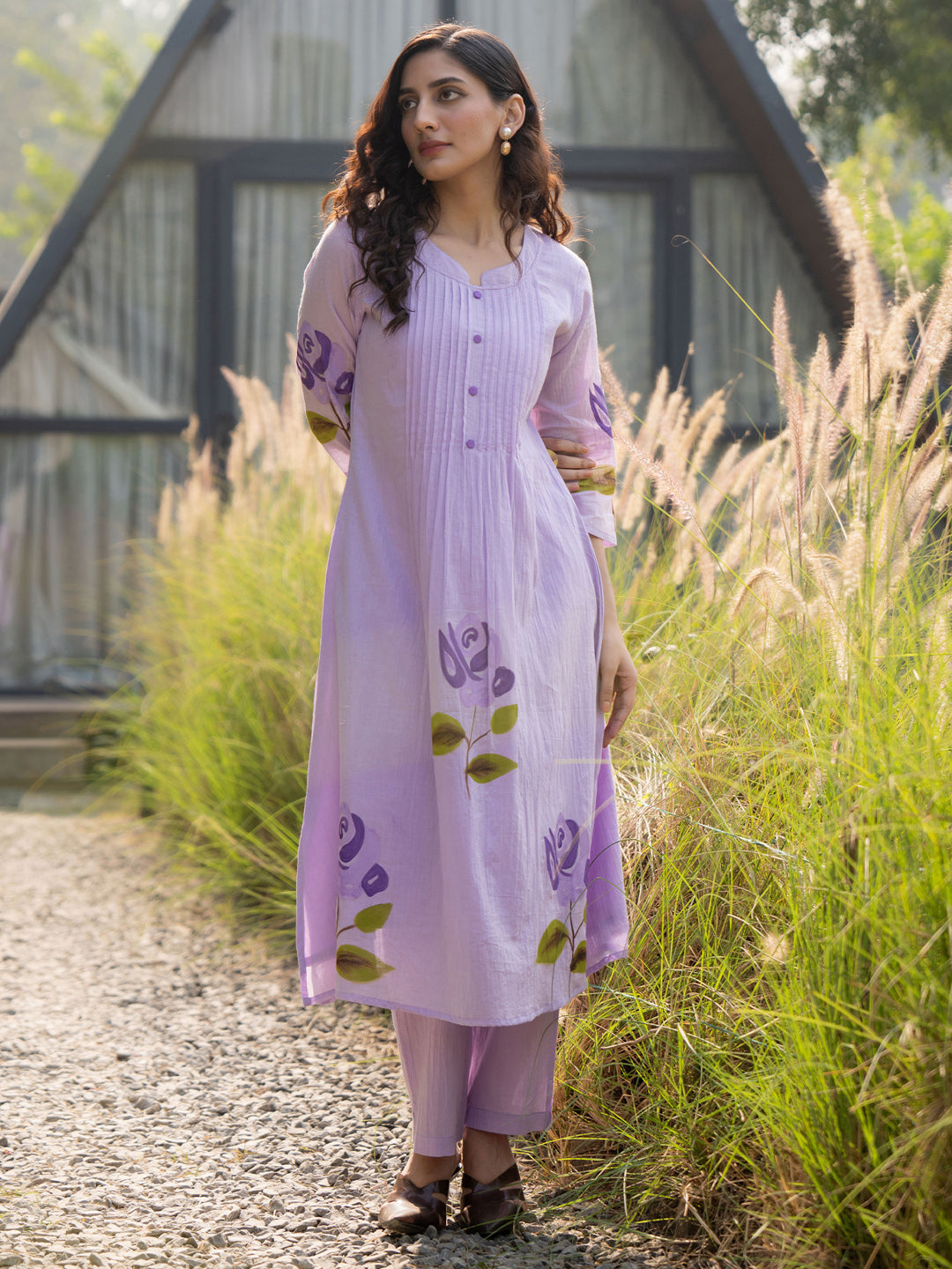 Lavender Printed A Line Kurta Trouser set