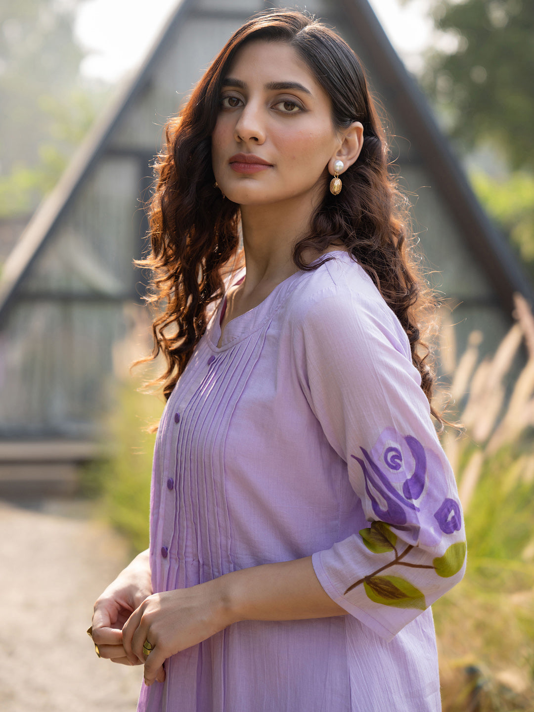 Lavender Printed A Line Kurta Trouser set