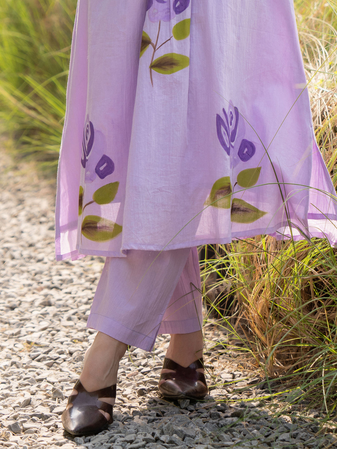 Lavender Printed A Line Kurta Trouser set