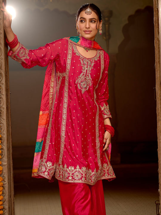 Indo Era Red Embroidered A-Line Kurta Palazzos With Dupatta