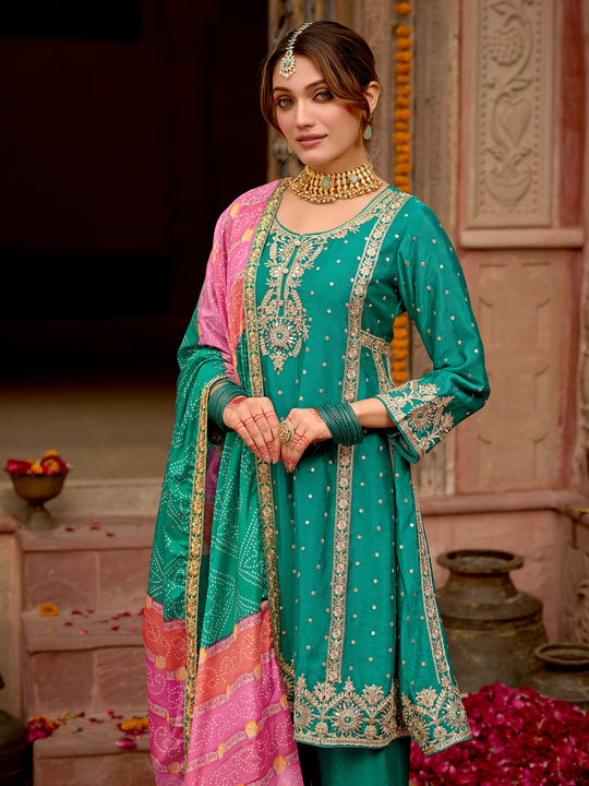 Indo Era Sea Green Embroidered A-Line Kurta Palazzos With Dupatta