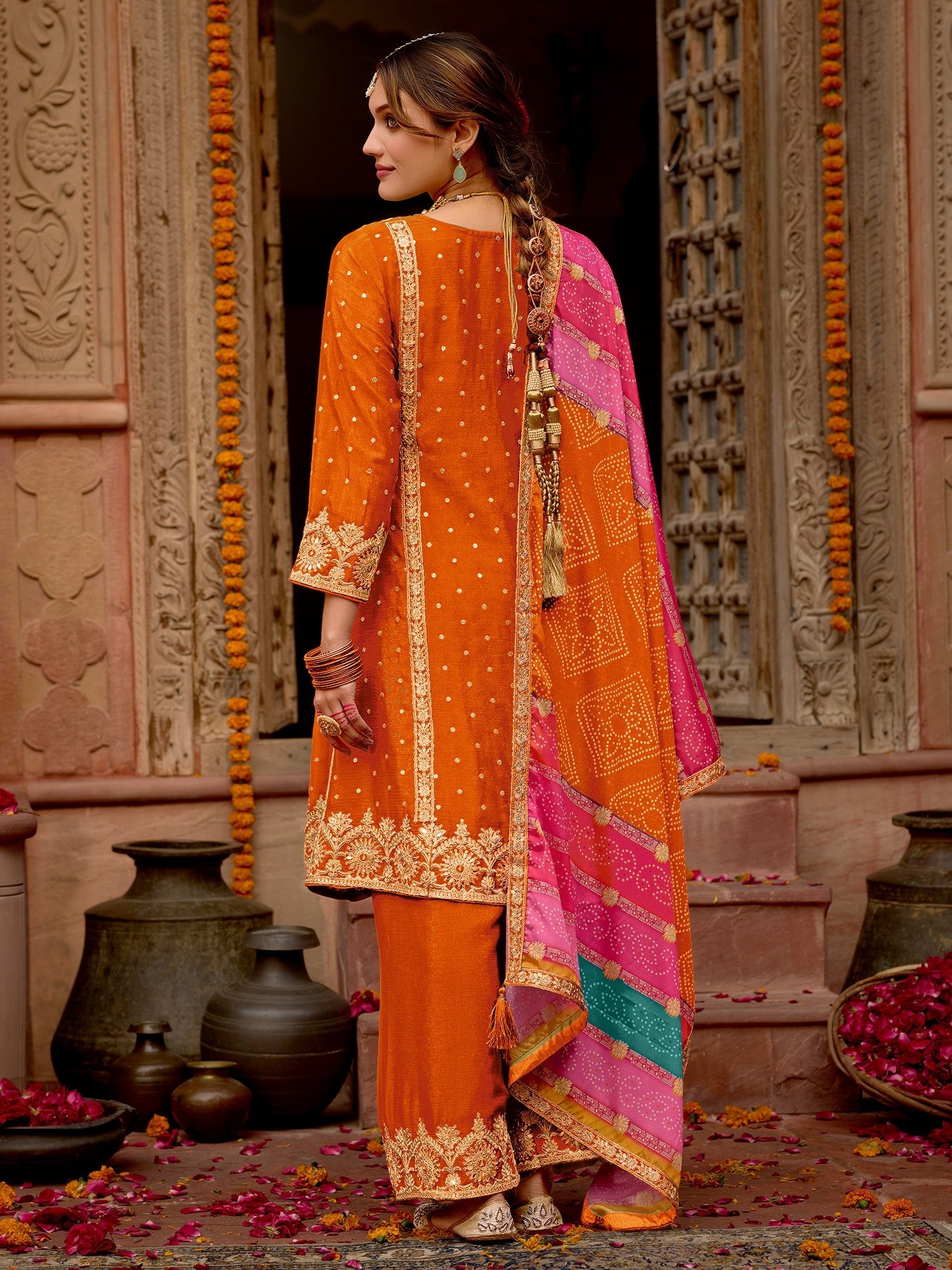 indo era, suit, kurta set for women, indo era kurta, kurta sets for ladies, summer dresses for women, 3 piece suit, cotton kurta set for women, new arrivals, women kurti plazo set, women in suit, kurta suit, floral kurta, short suit, spring summer, Orange suit